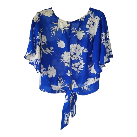 JAPNA Sz L Floral Print Cropped Open Tie Back Butterfly Sleeve Blue White Top - Picture 4 of 11